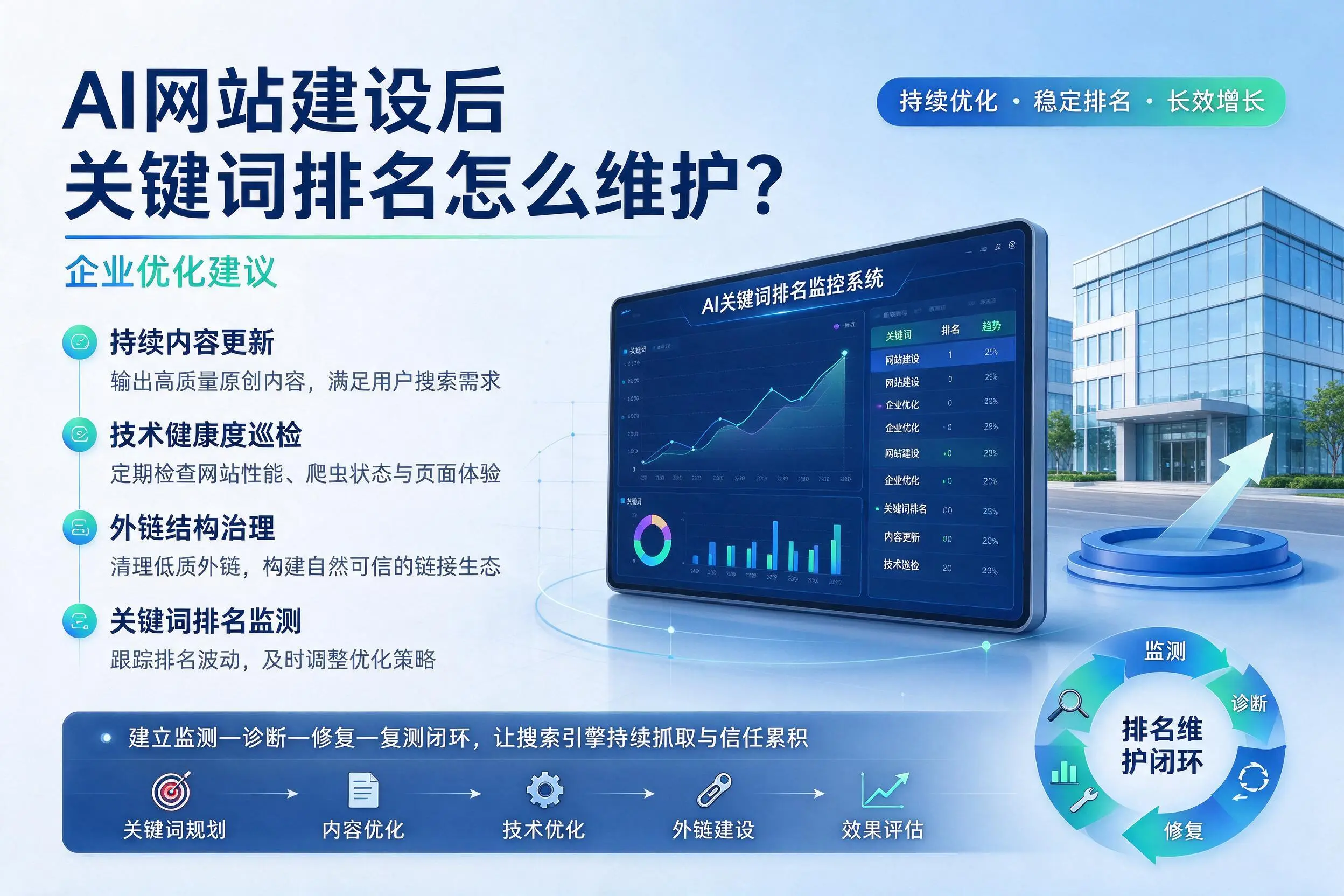 AI网站建设后关键词排名怎么维护?宿州企业优化建议