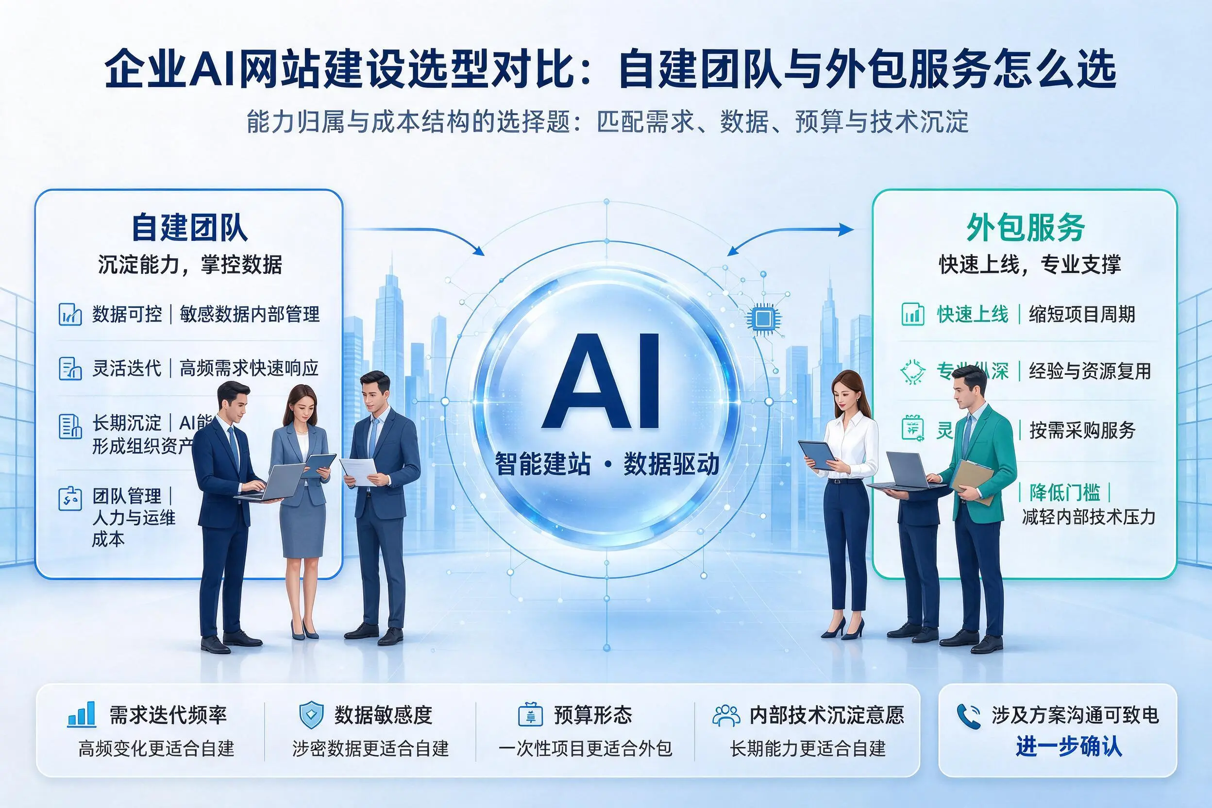 宿州企业AI网站建设选型对比：自建团队与外包服务怎么选